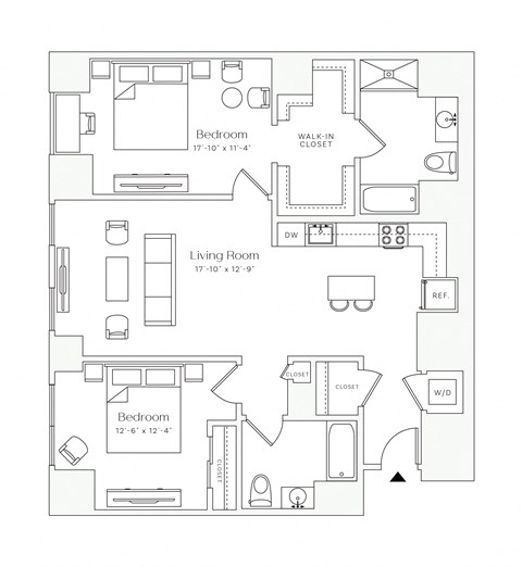 Floor plan for 2 beds, 2 baths, 1292 sqft
